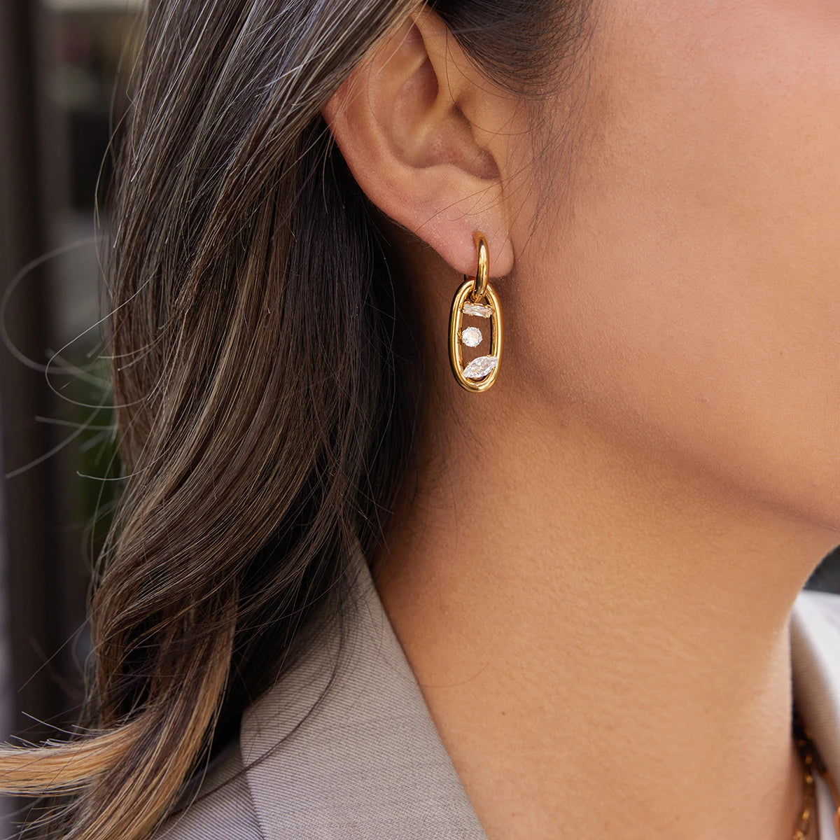 KIKA Classic 18K PVD Plated Gold Color Stainless Steel 316L Geometric Double Ring Earrings With White Zircon Women Waterproof Jewelry