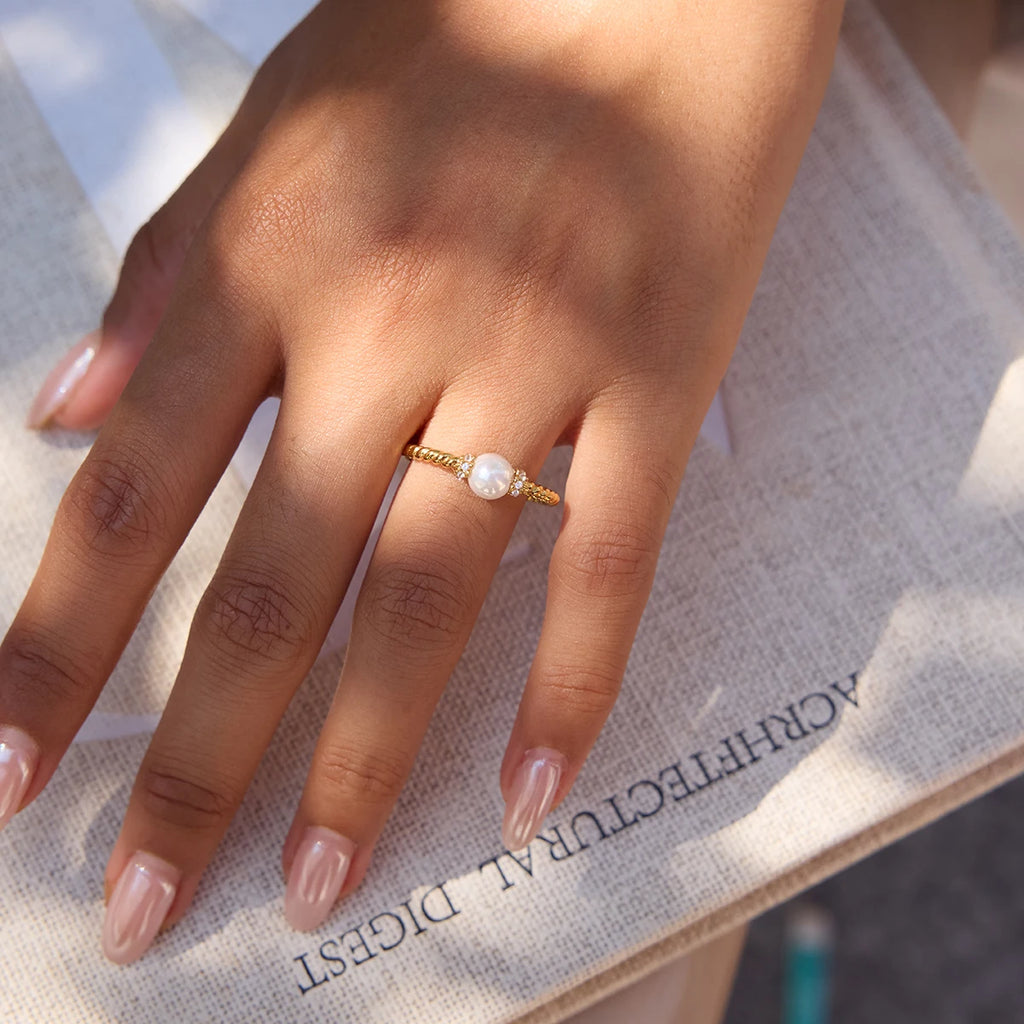 KIKA Exquisite Elegant Round Pearl Fried Dough Twists Pattern Ring Stainless Steel 316L White Rhinestone Foldable Thin Ring Women's