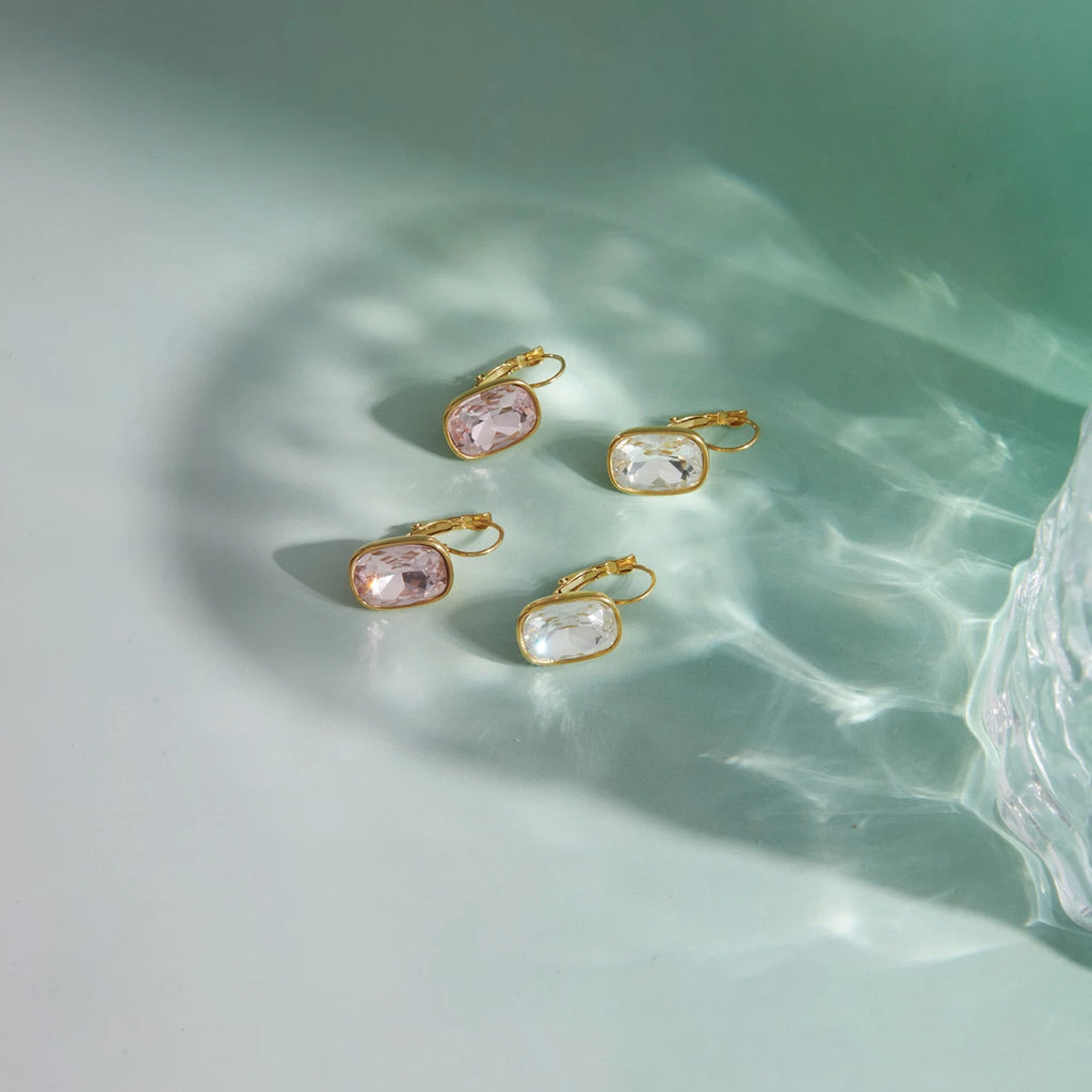 KIKA Elegant White Pink Crystal Clip Earrings PVD  Plated Stainless Steel 316L