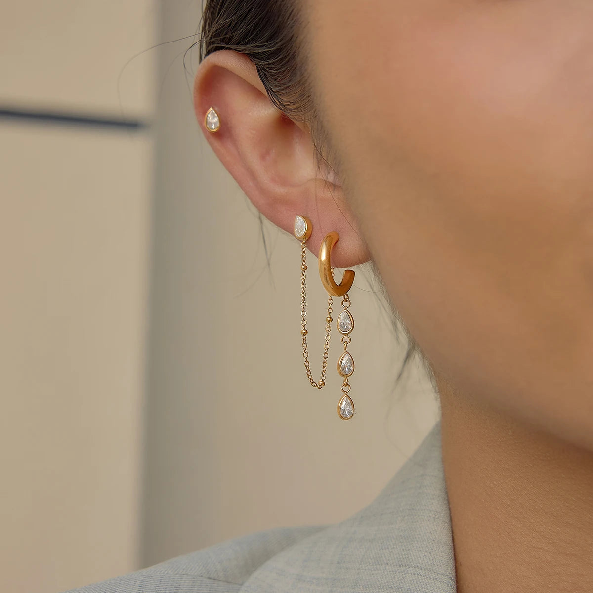 3 Pairs Geometric Water Droplet Rhinestone Earrings