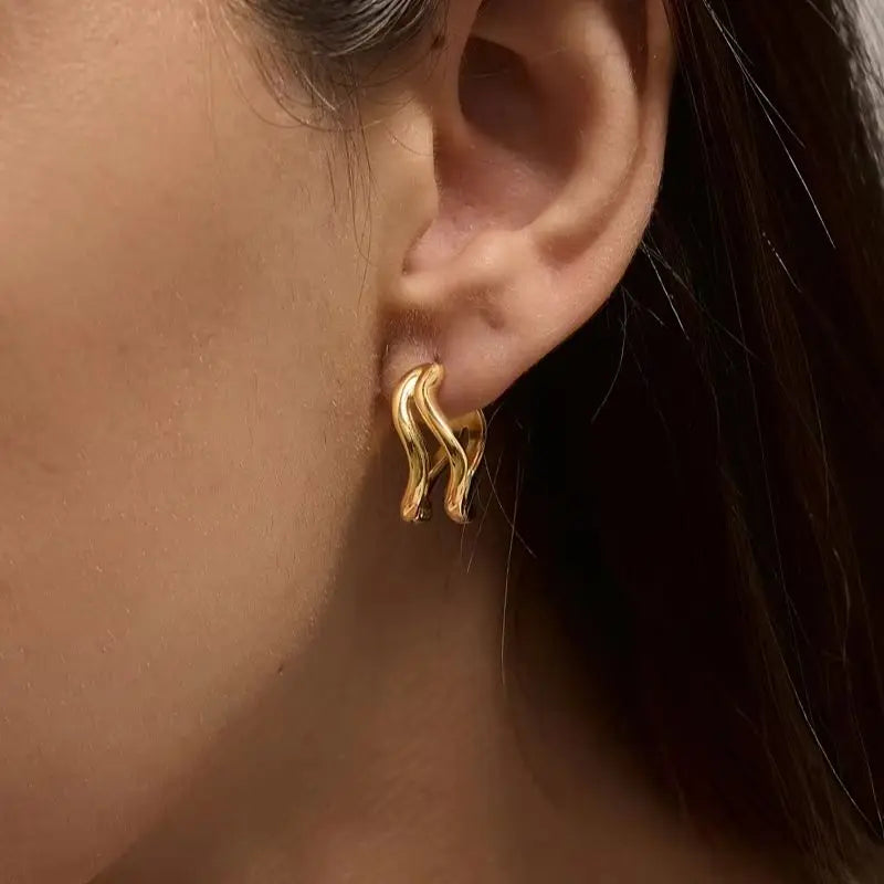 Kika Double Layer Wave Shape Clip Earrings 18K Gold PVD Plated Stainless Steel 316L