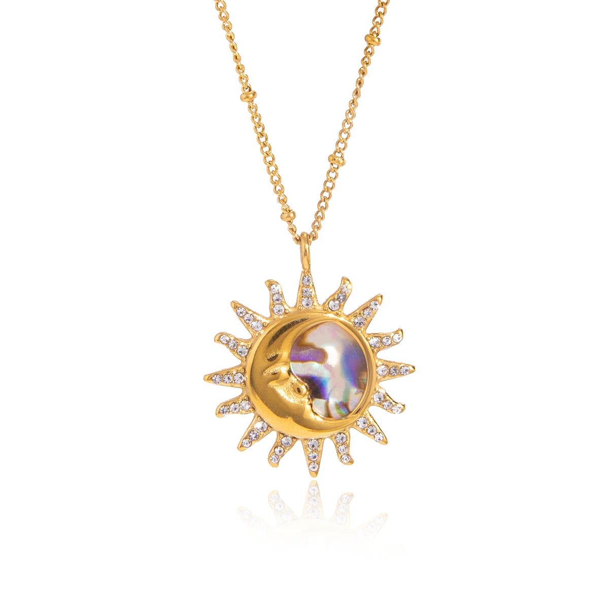 Kika Classic Moon Sun Pendant With White Rhineston Bead Chain Necklace