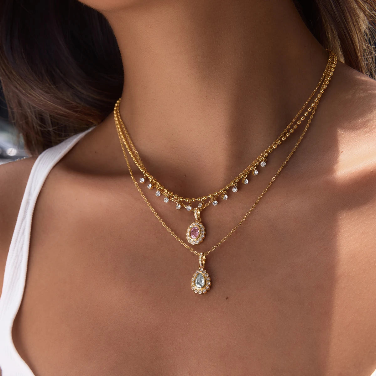 KIKA White Pink Zircon Pendant Necklace PVD Plated Stainless Steel 316L