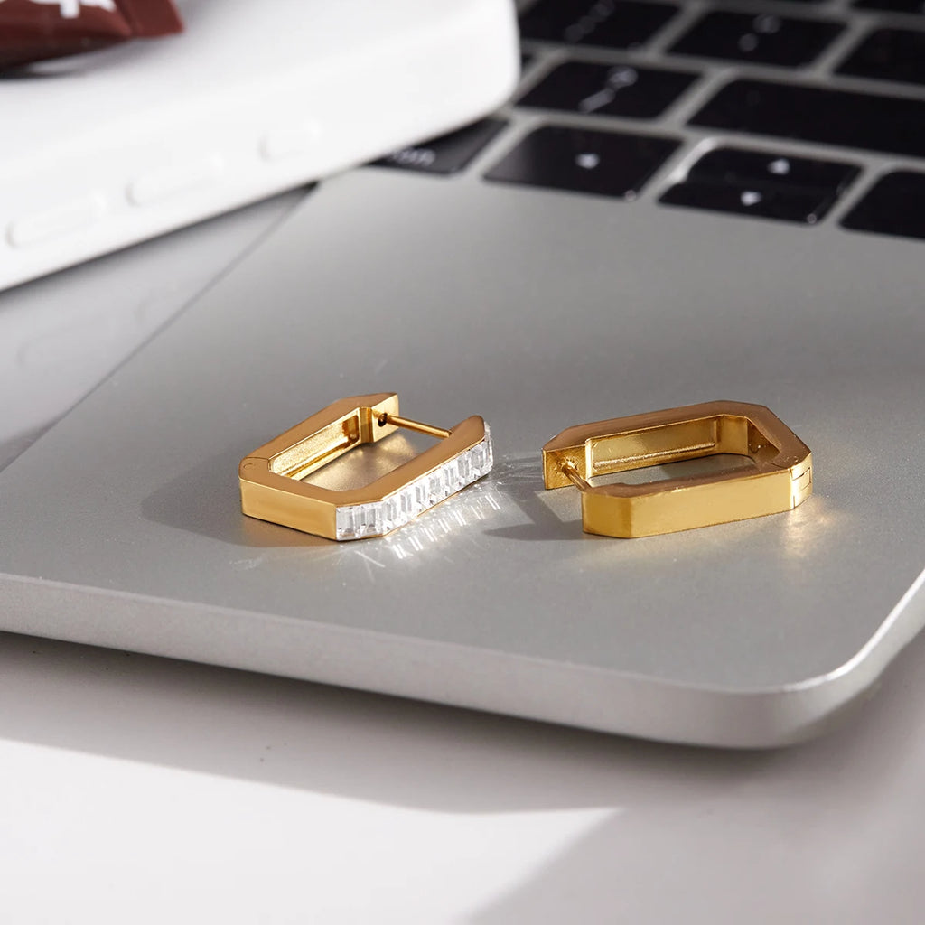 KIKA Minimalist 18K PVD Plated Gold Color U-Shaped White Zircon Earrings Waterproof Stainless Steel 316L Earring