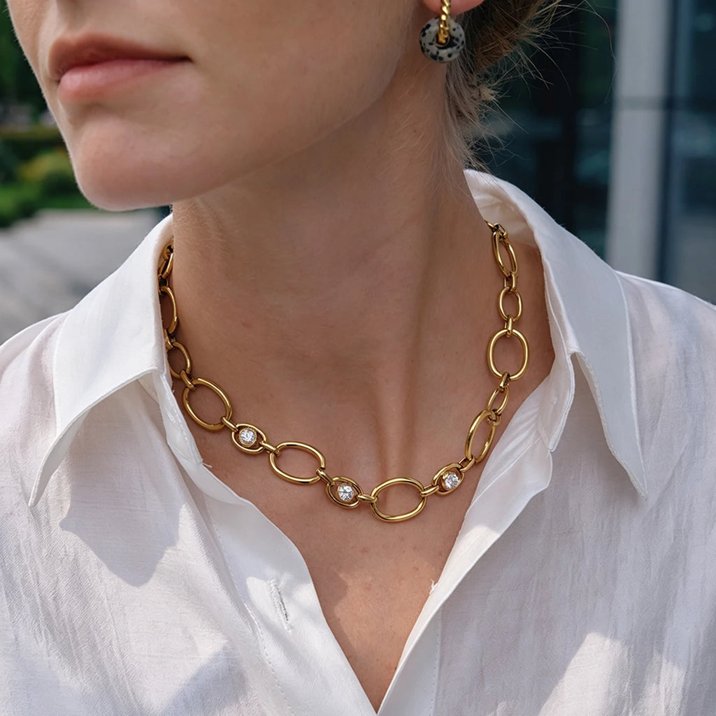 KIKA Classic Zircon Hollow Chain Necklace For Women Minimalist 18K Gold Plated Stainless Steel Necklace Fashion Jewelry Gift