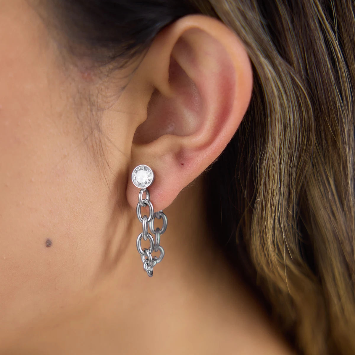 Kika Delicate Steel Color White Zircon Hollow Thick Chain Tassel Earrings