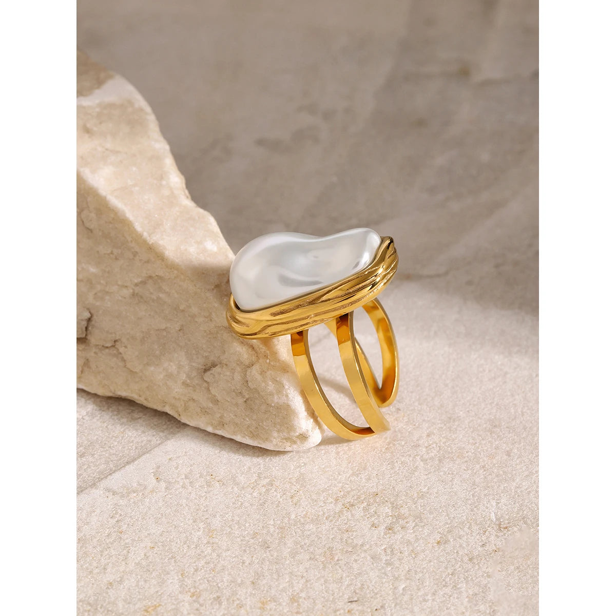 KIKA Fashion Imitation Pearl Stainless Steel 316L Gold Color Ring for Women Engagement Party Gift Temperament