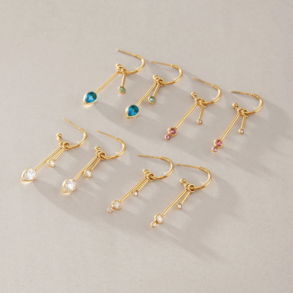 KIKA Geometric Zircon Long Drop Earrings PVD 18K Gold Plated Stainless Steel 316L