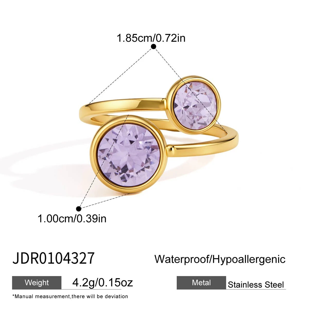 KIKA Elegant Geometric Glass Crystal Open Rings 18K Gold PVD Plated Stainless Steel316L