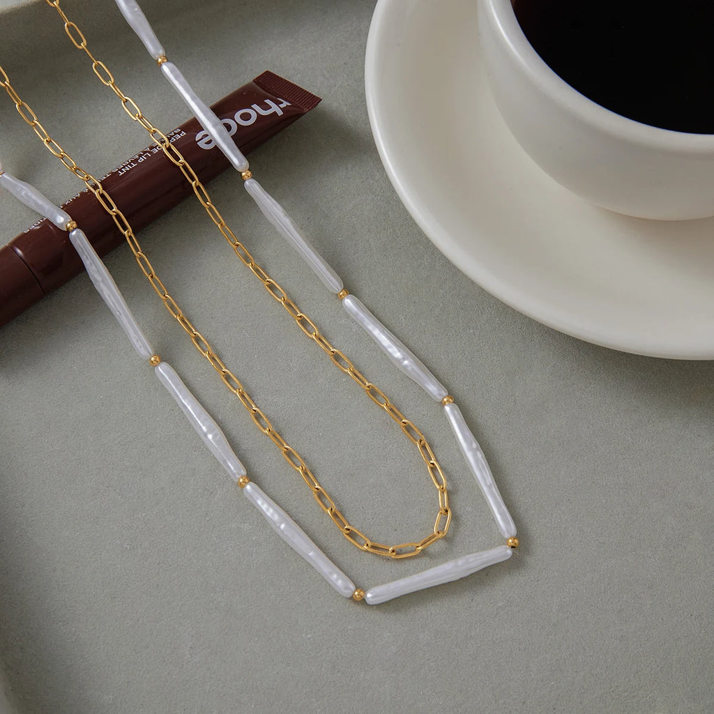 Kika Fashion Elegant Stainless Steel Acrylic Pearl Stick Necklace