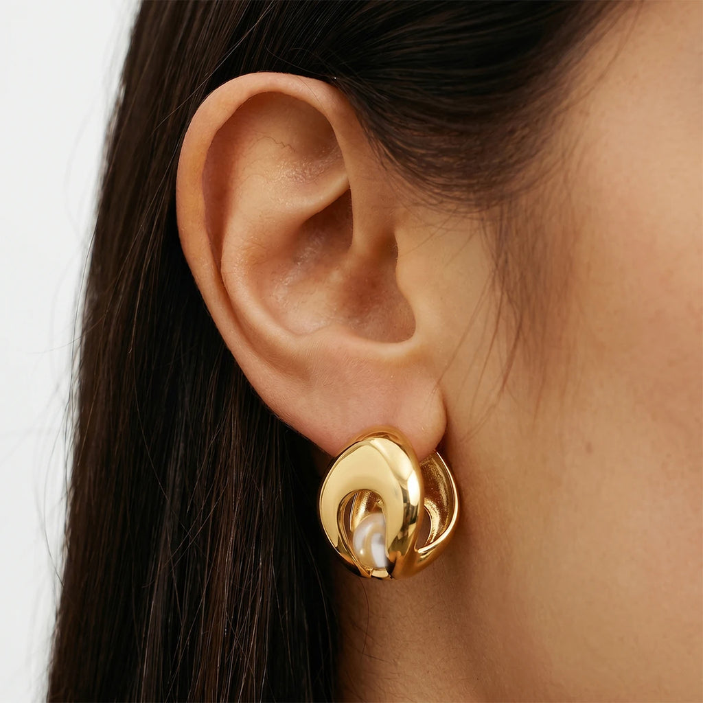 KIKA Elegant Imitation Pearl Hollow Clip Earrings 18K Gold PVD Plated Stainless Steel316L