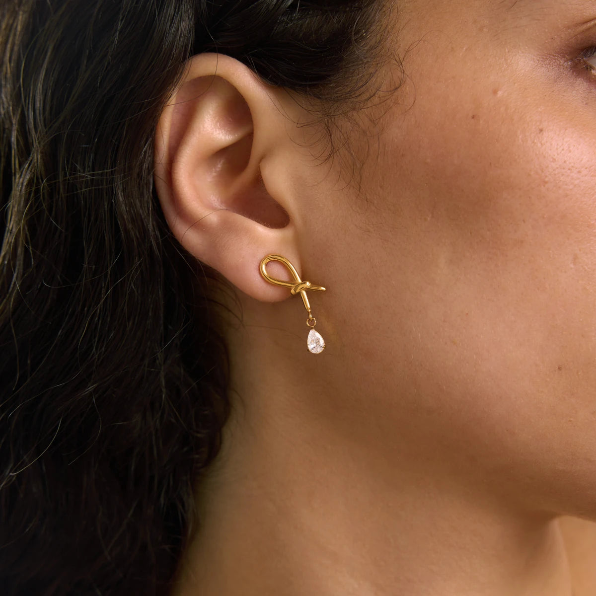 KIKA Water Drop Zircon Pendant Knotted Earrings Minimalist 18K Gold Plated Stainless Steel 316L