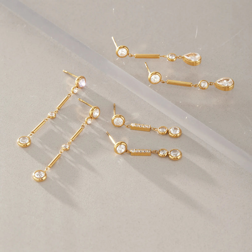 KIKA Elegant Geometric Zircon Long Drop Earrings 18K Gold Plated Stainless Steel 316L
