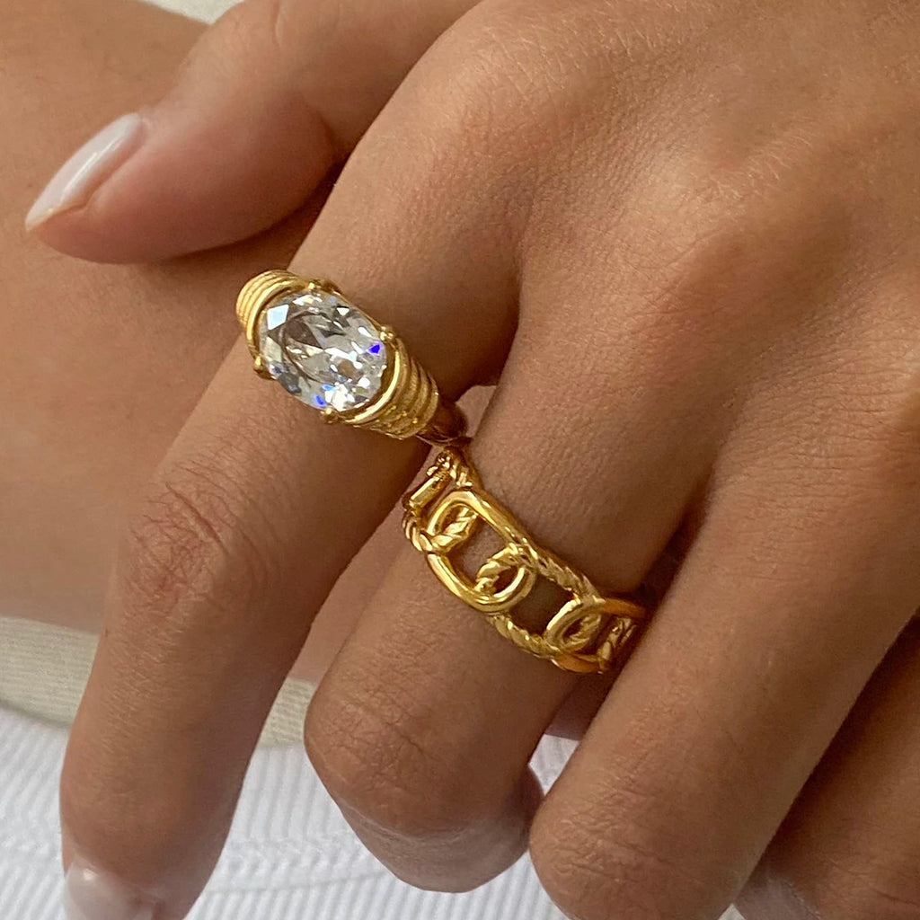 KIKA Exquisite Zircon Hollow Ring Texture Gold Color Stacked Ring PVD Plated Stainless Steel