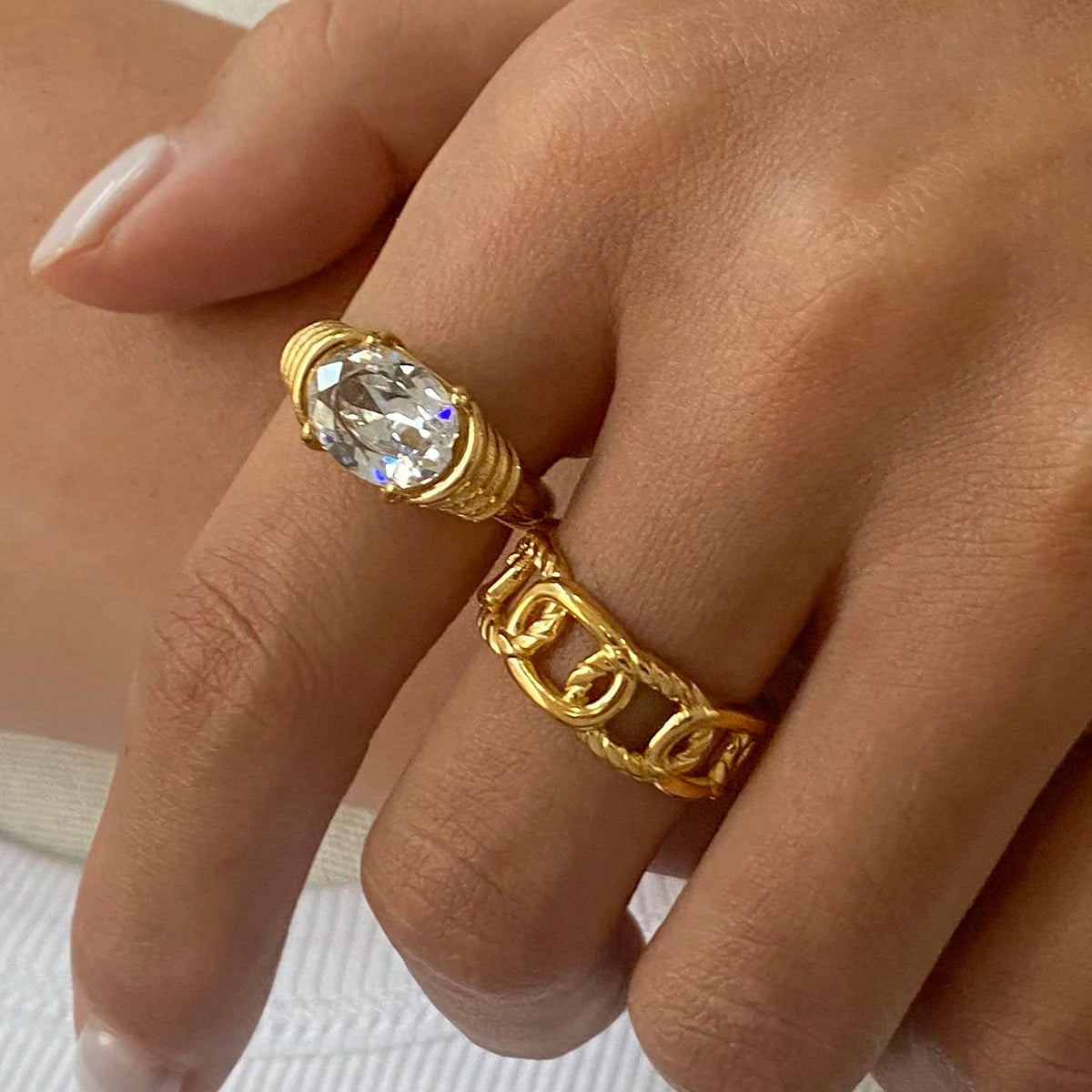 KIKA Exquisite Zircon Hollow Ring Texture Gold Color Stacked Ring PVD Plated Stainless Steel
