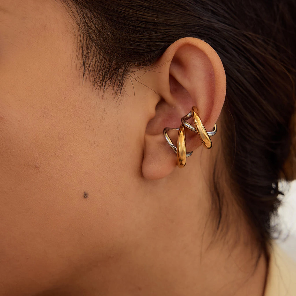 KIKA Fashion Two Tone Cross Geometric Line Earclip Stainless Steel 316L Stackable Earclip
