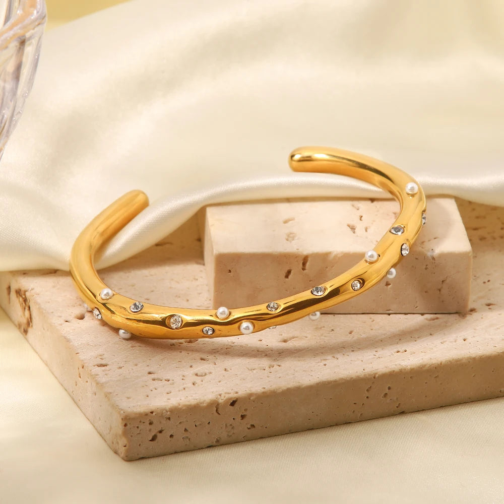 KIKA New Trend 18K Gold Plated Mini Pearl Cuff Bracelets Stainless Steel Pave Zircon Open Cuff Bangle bijoux femme