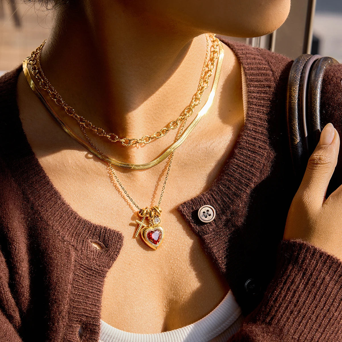 Classic Cross Red Zircon Heart Rhinestone Necklace