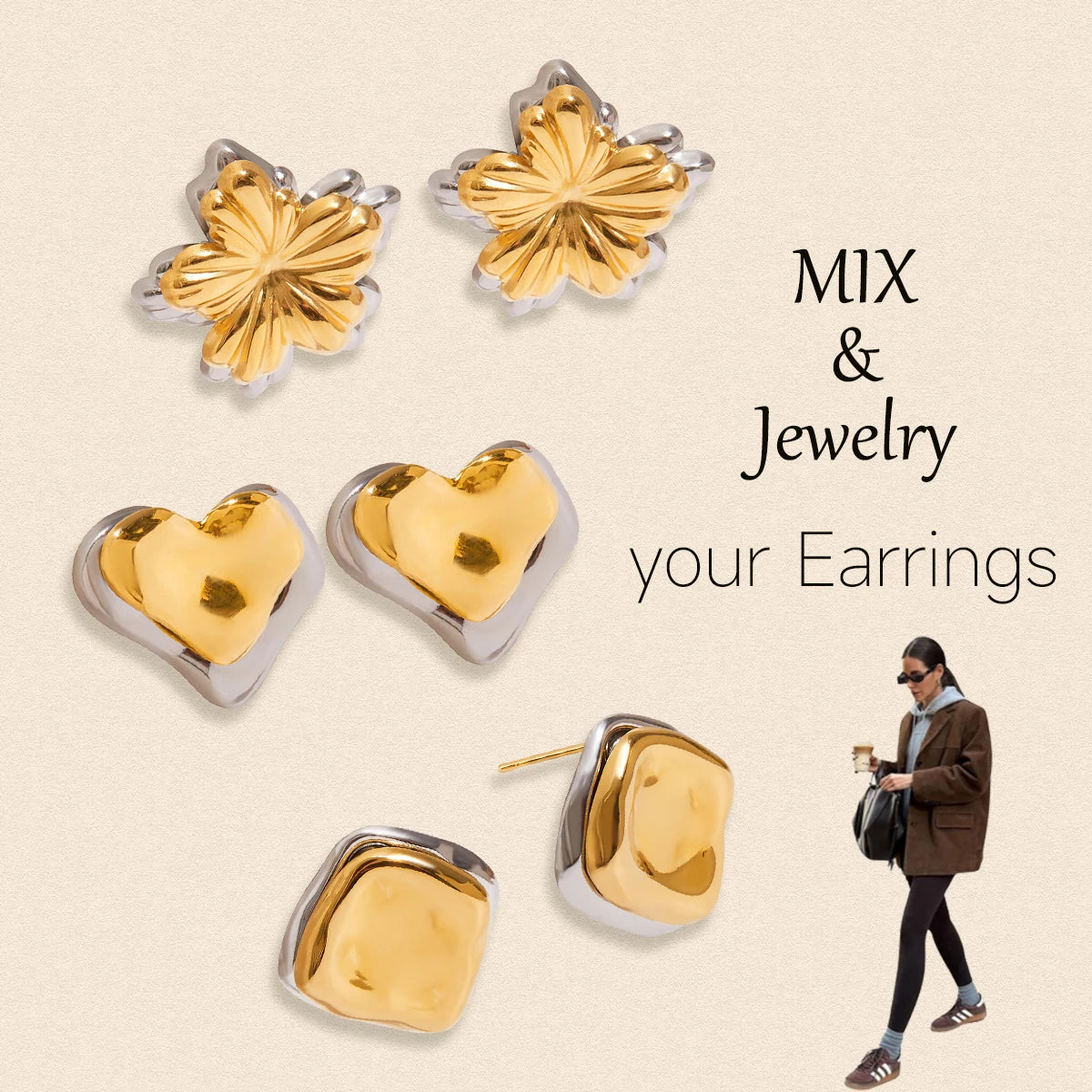 KIKA Minimalist 316L Plated Stainless Steel 316L Two tone Flower Ear Studs Irregular Earrings