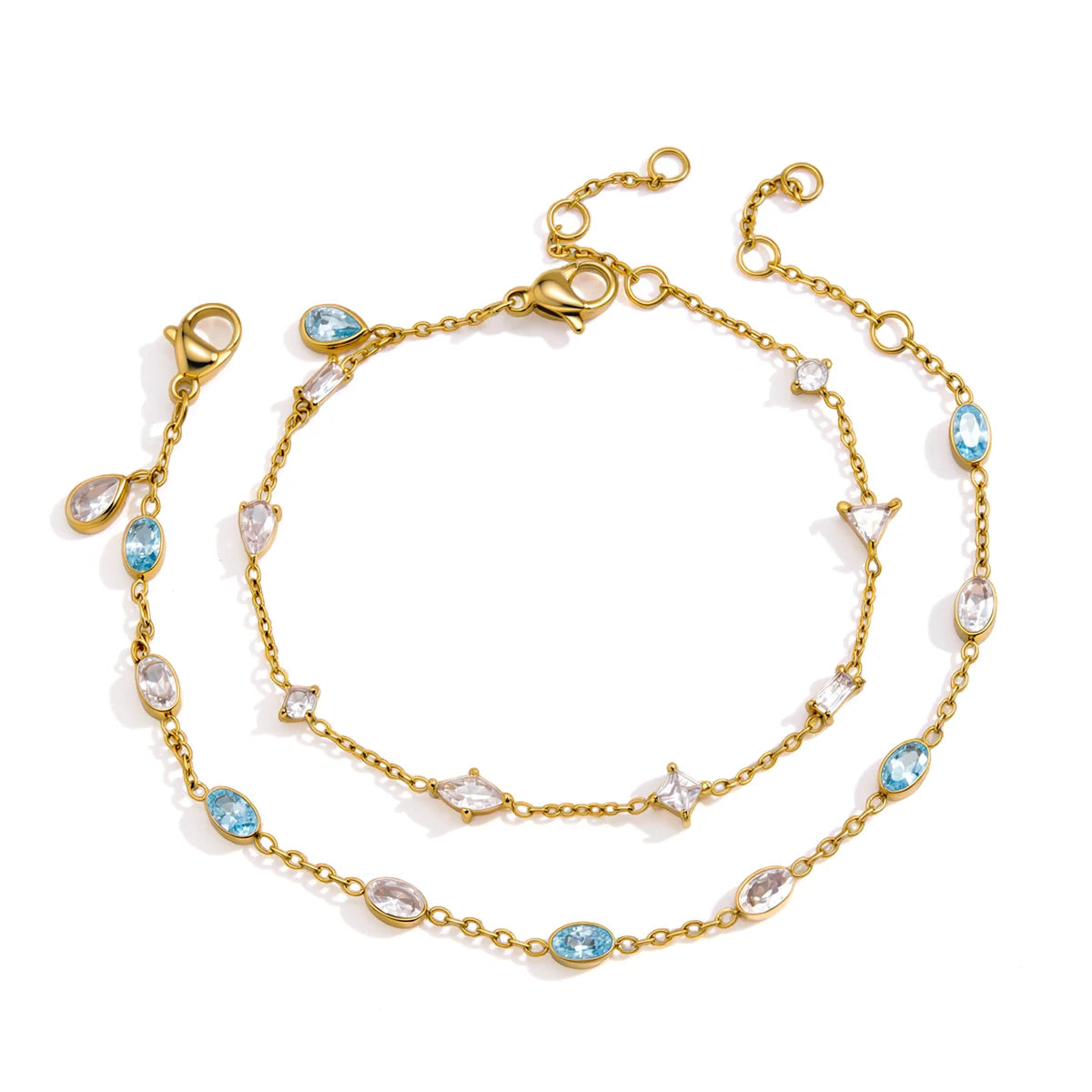 KIKA Delicate White Blue Geometric Droplet Shaped Zircon Bracelet PVD Gold Plated Stainless Steel 316L