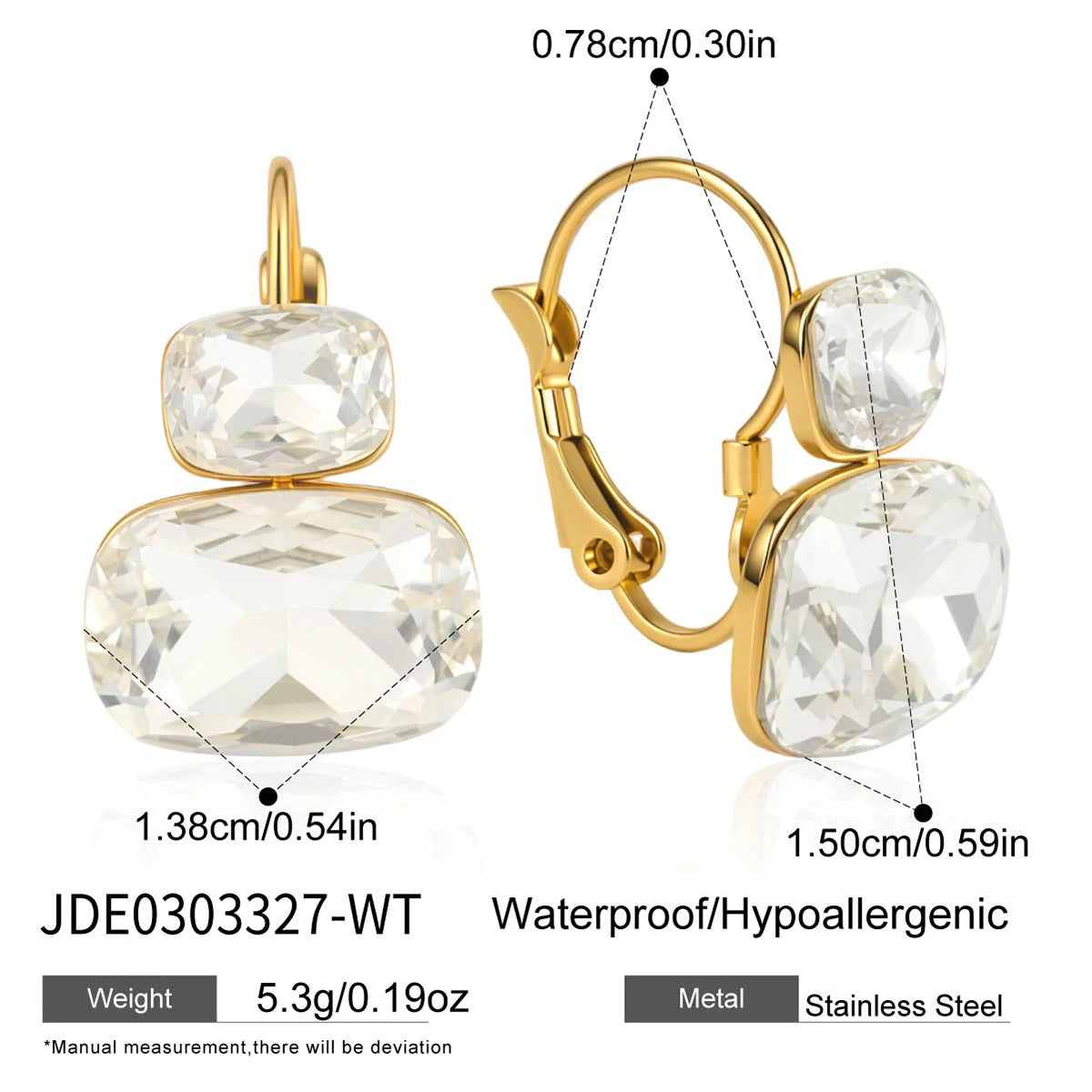 KIKA Delicate Blue White Colord Square Double-Layer Zircons Earrings  PVD Gold Plated Stainless Steel 316L