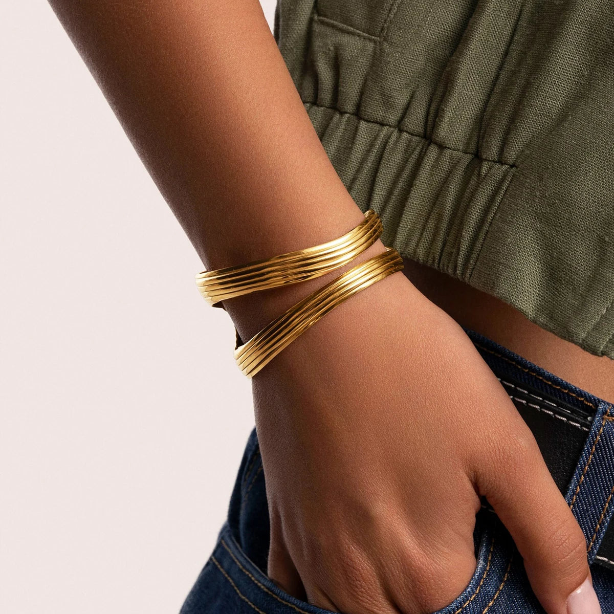 Ribbed Double Layered Hollow Bracelet Adjustable Bangle