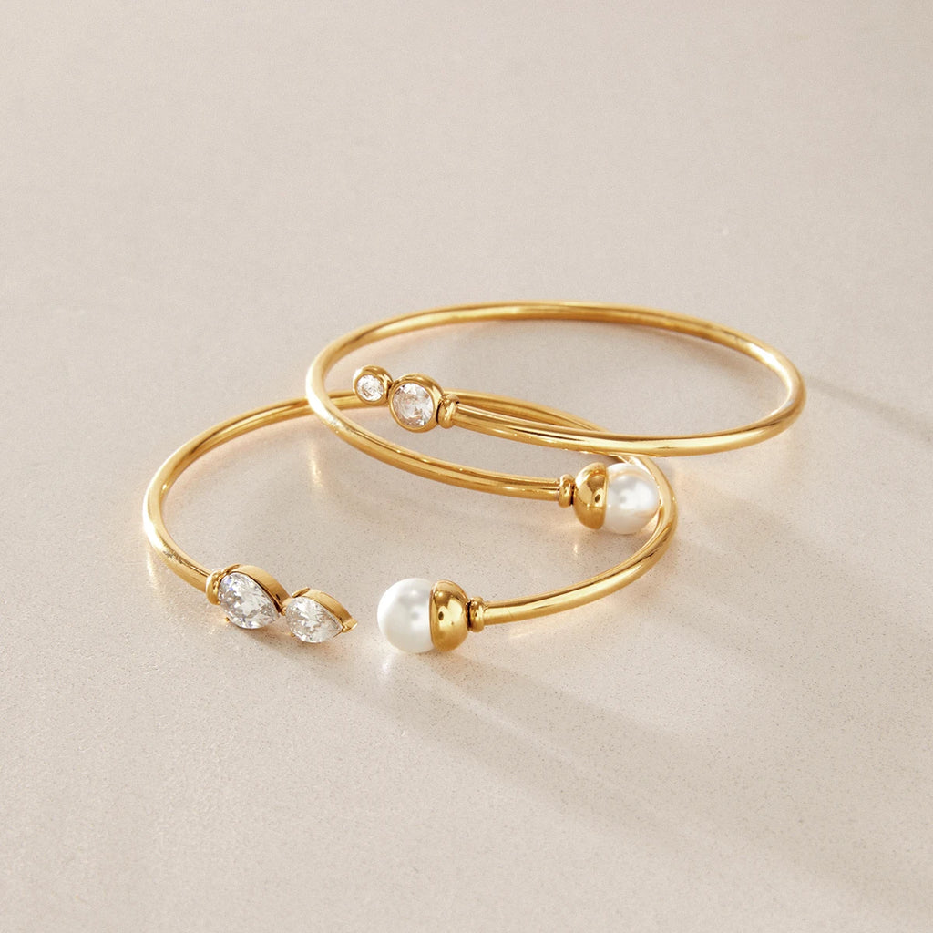 KIKA Imitation Pearl Geometric Zircon Soft Hollow Tube Cuff Bracelet For Women 18K Gold Plated Stainless Steel Bangle Jewelry