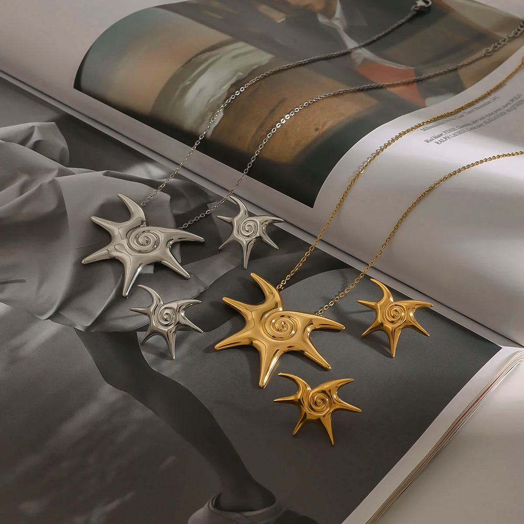 Kika Beach Stainless Steel Starfish Vortex Spiral Ear Studs Star Thread Earrings