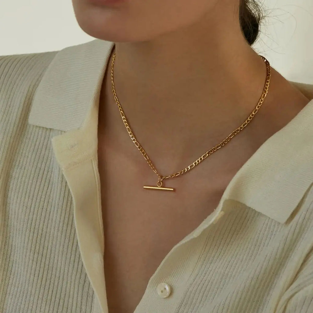 Kika New 18K Gold Color Plating Figaro Cuban Chain T-bar Pendant Necklace