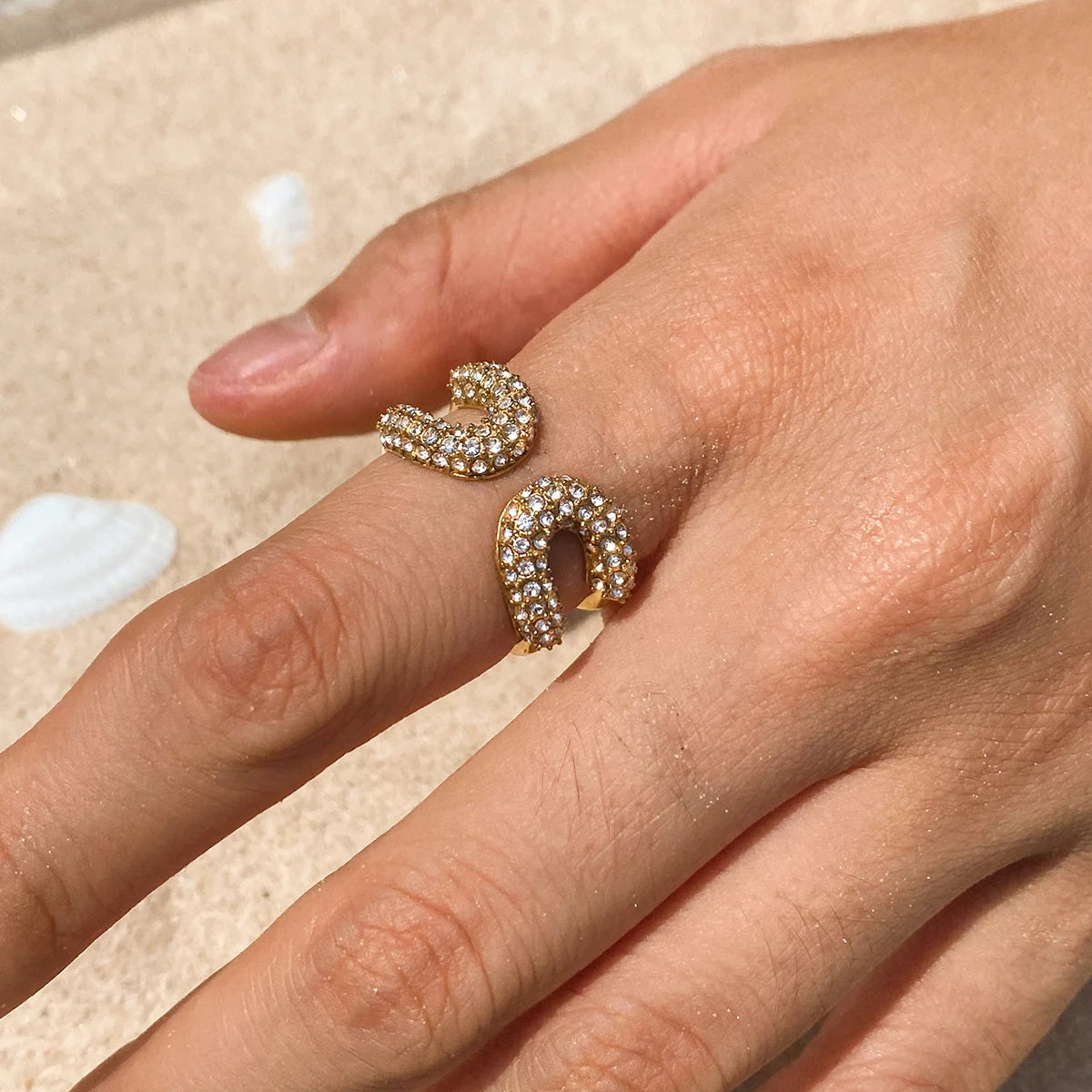 Kika Minimalist 18K Gold Color Plated Stainless Steel White Rhinestone Paper Clip Ring