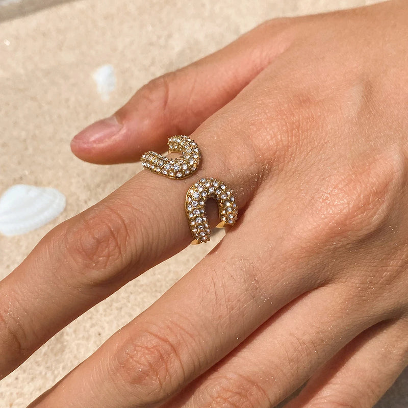 Kika Minimalist 18K Gold Color Plated Stainless Steel White Rhinestone Paper Clip Ring