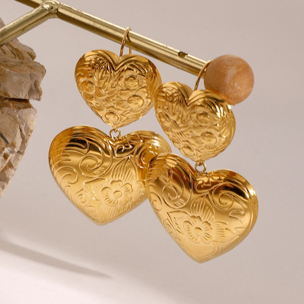 Vintage Heart Flower Texture Wave Earrings