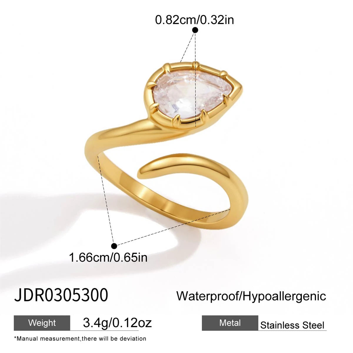 KIKA Water Drop Zircon Open Rings 18K Gold PVD Plated Stainless Steel 316L