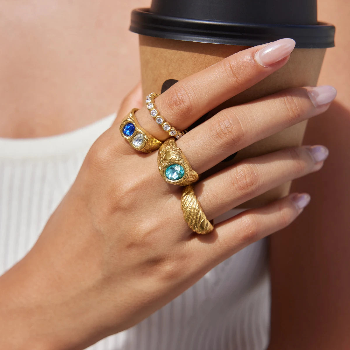 Kika Elegant Blue Crystal Chunky Rings 18K Gold PVD Plated Stainless Steel 316l