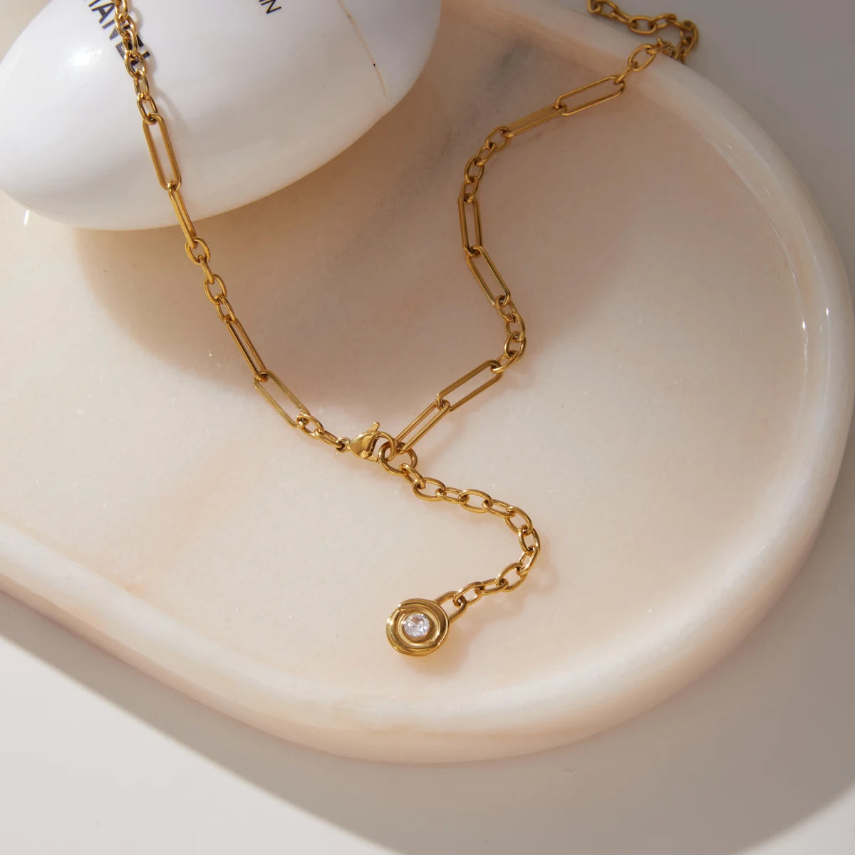 Kika Round Zircon Lock Pendant Y Shape Chain Necklace