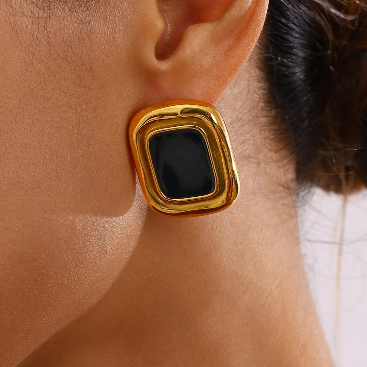 Black Stone Earrings Statement Golden Metal