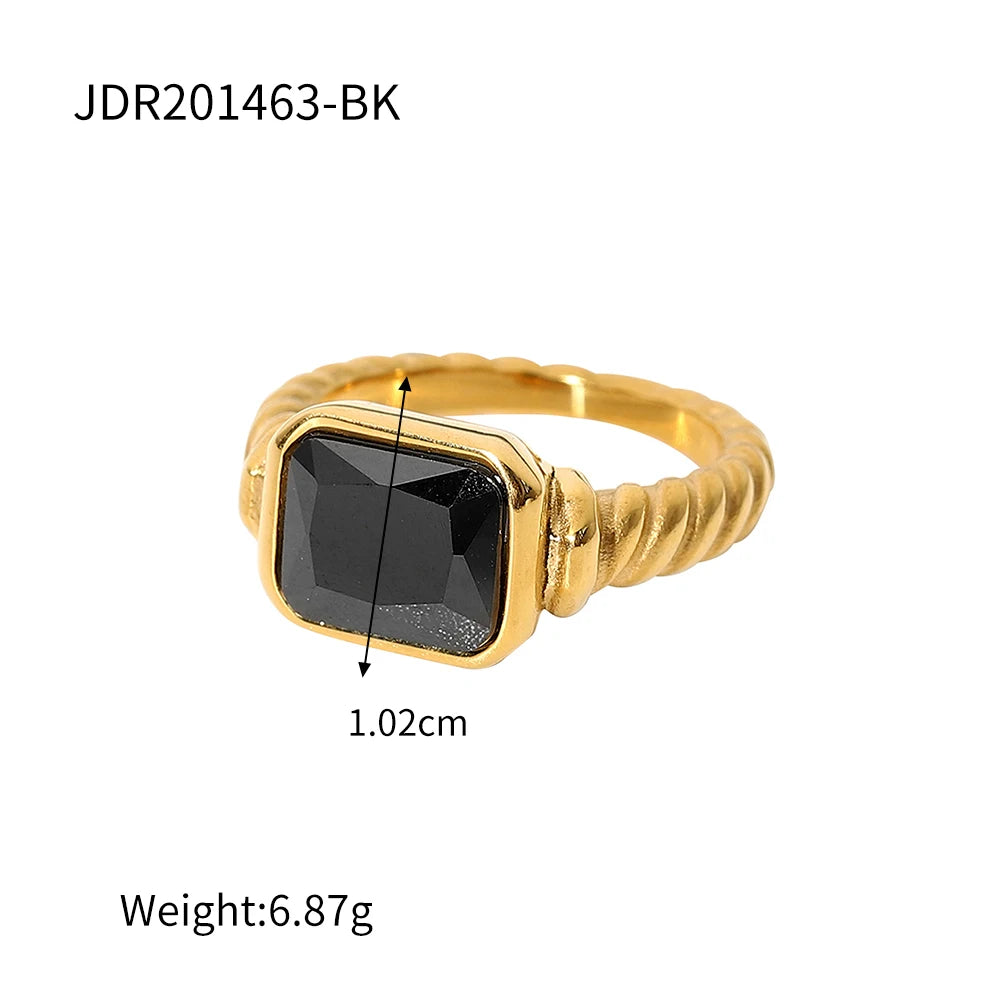 Kika Vintage Black stone 18K Gold Plated Stainless Steel Square Cz Rings For Women Moms Gift Elegant Ring WATERPROOF