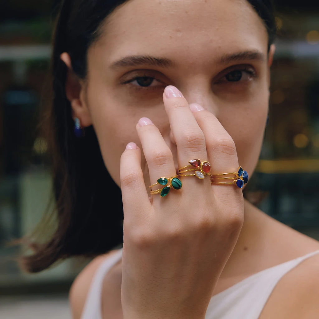 KIKA Elegant Zircon Natural Stone Rings For Women Multilayer 18K Gold PVD Plated Stainless Steel Open Rings Fashion Jewelry