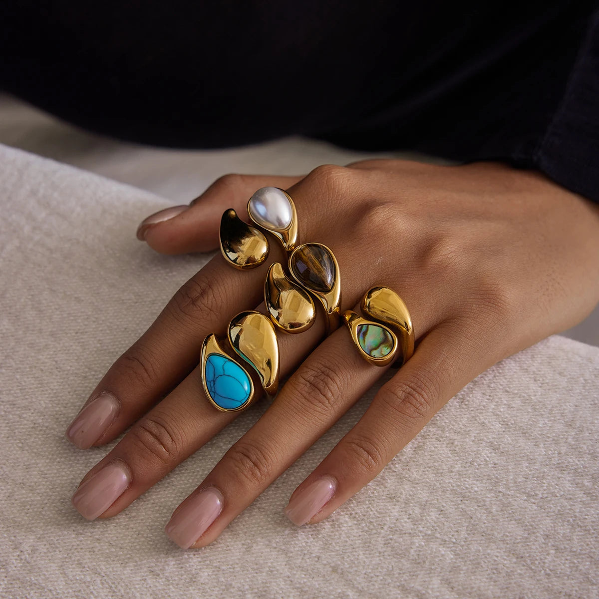 KIKA Vintage  18K Gold Color PVD Plated Blue Turquoise Asymmetric Open Rings Waterproof Stainless Steel 316L