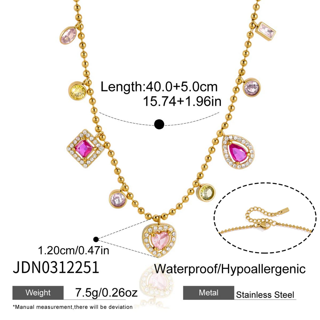 Kika Delicate 18K Colorful Square Geometric Zircon Pendant Bead Chain Necklace