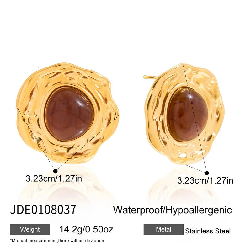 Kika Vintage Hammer Pattern Folded Round Amber Ear Studs 18K Gold Color Plated Stainless Steel