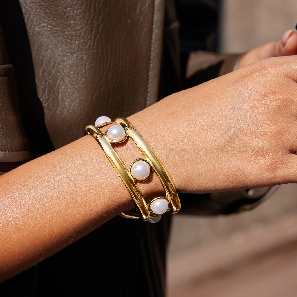 Kika Elegant Acrylic Pearl Double-layer Hollow  Bracelet