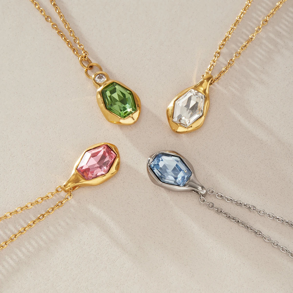 KIKA Elegant Glass Stone Pendant Necklace PVD Gold Plated Stainless Steel 316Lft