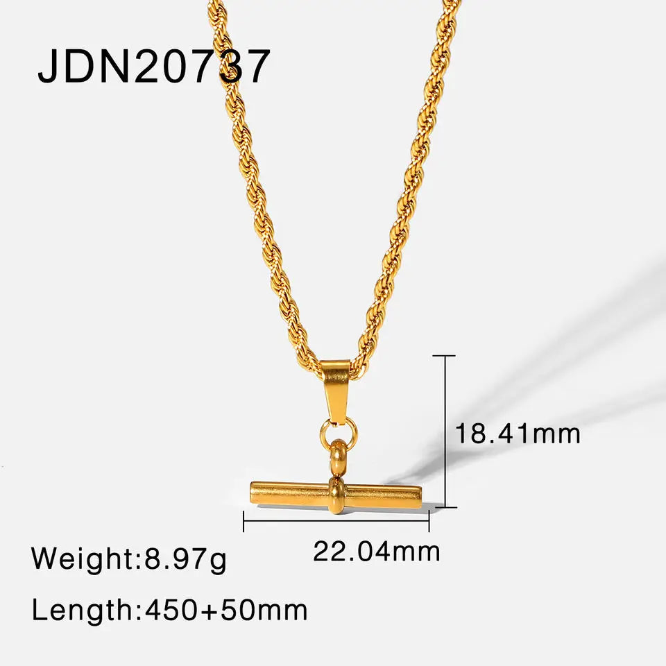 Kika New 18K Gold Color Plating Figaro Cuban Chain T-bar Pendant Necklace