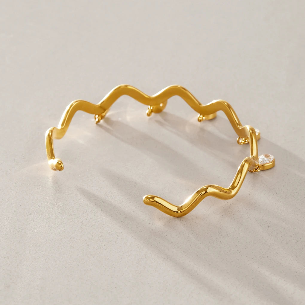 KIKA Water Drop Zircon Wave Shape Cuff Bracelet PVD 18K Gold Plated Stainless Steel 316L