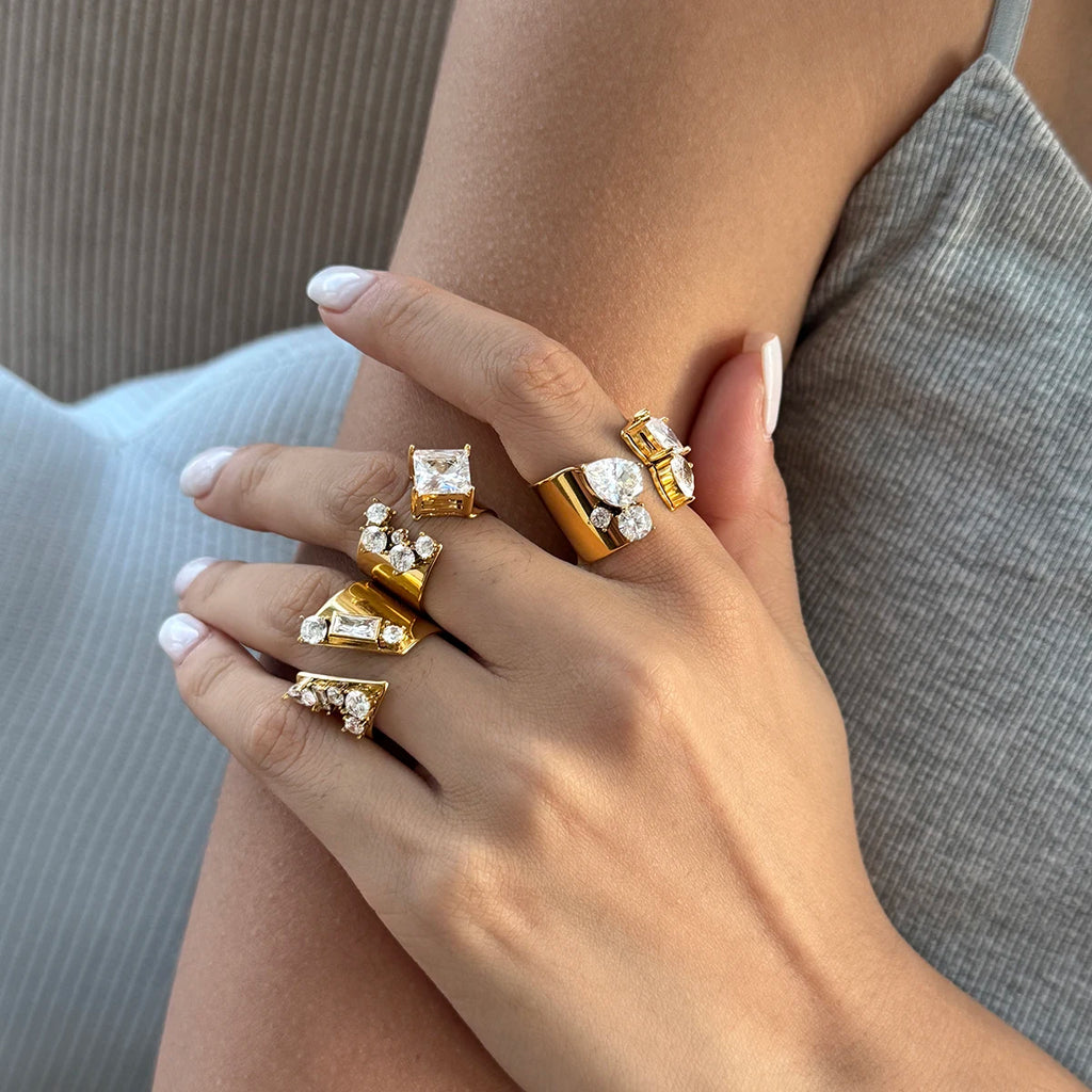 KIKA Classic Geometric Zircon Open Rings  18K Gold PVD Plated Stainless Steel 316L