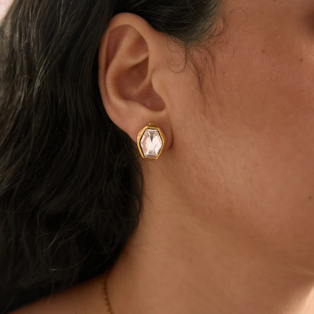 KIKA Elegant Glass Stone Stud Earrings  18K Gold PVD Plated Stainless Steel 316L