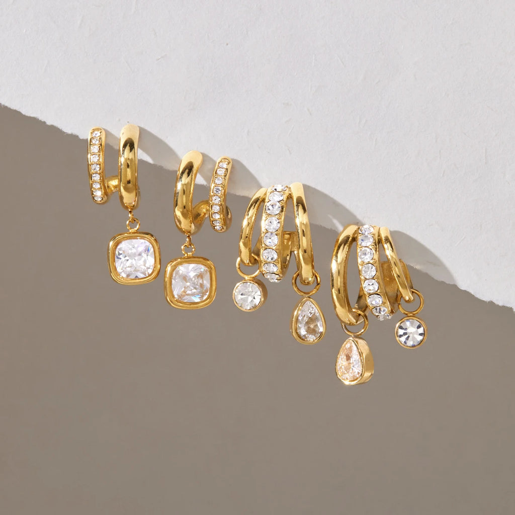 KIKA Water Drop Square Zircon Earrings For Women Minimalist C Shape 18K Gold Plated Stainless Steel 316L