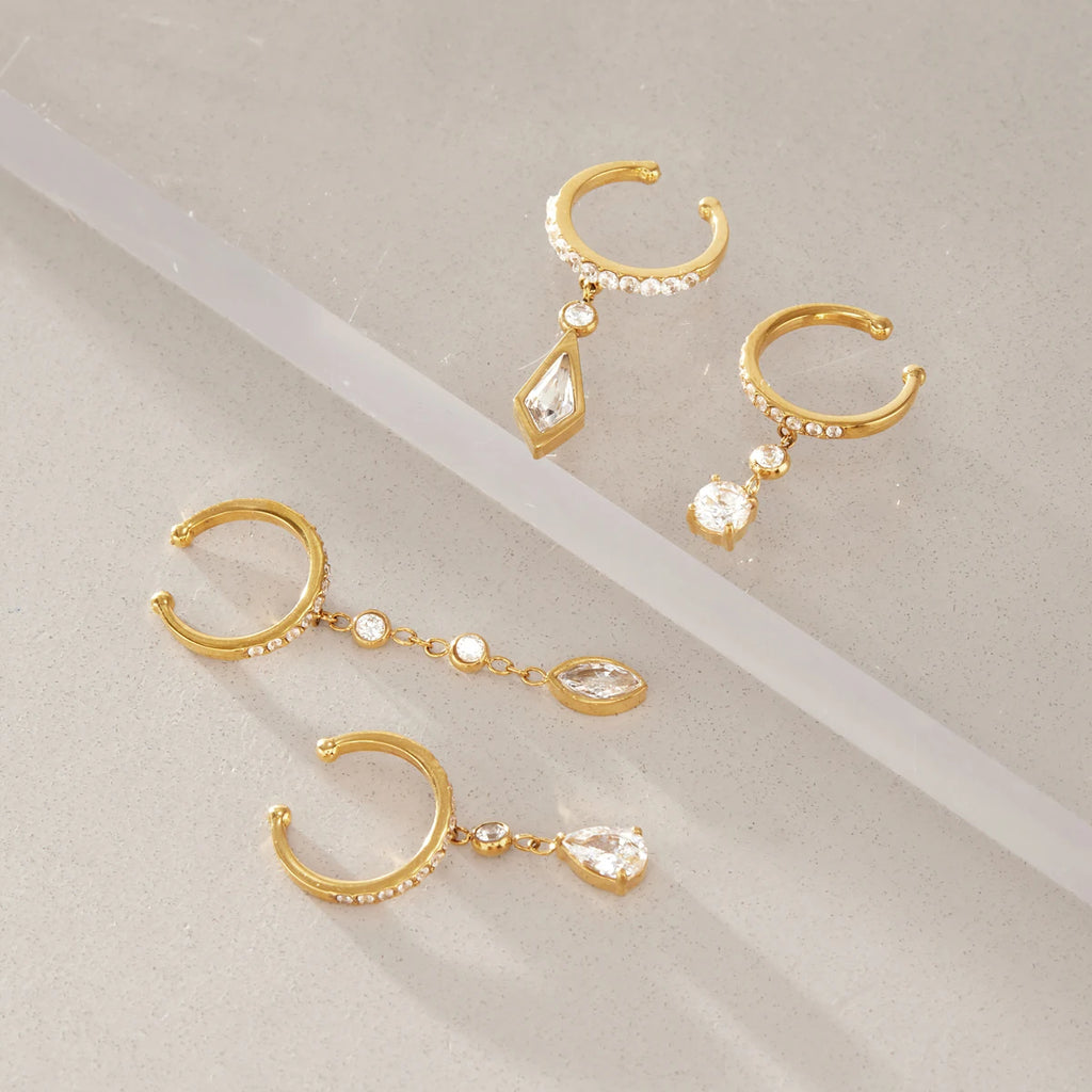 Kika Asymmetric Zircon Pendant Non-piercing Ear Clips 18K Gold PVD Plated Stainless Steel 316L