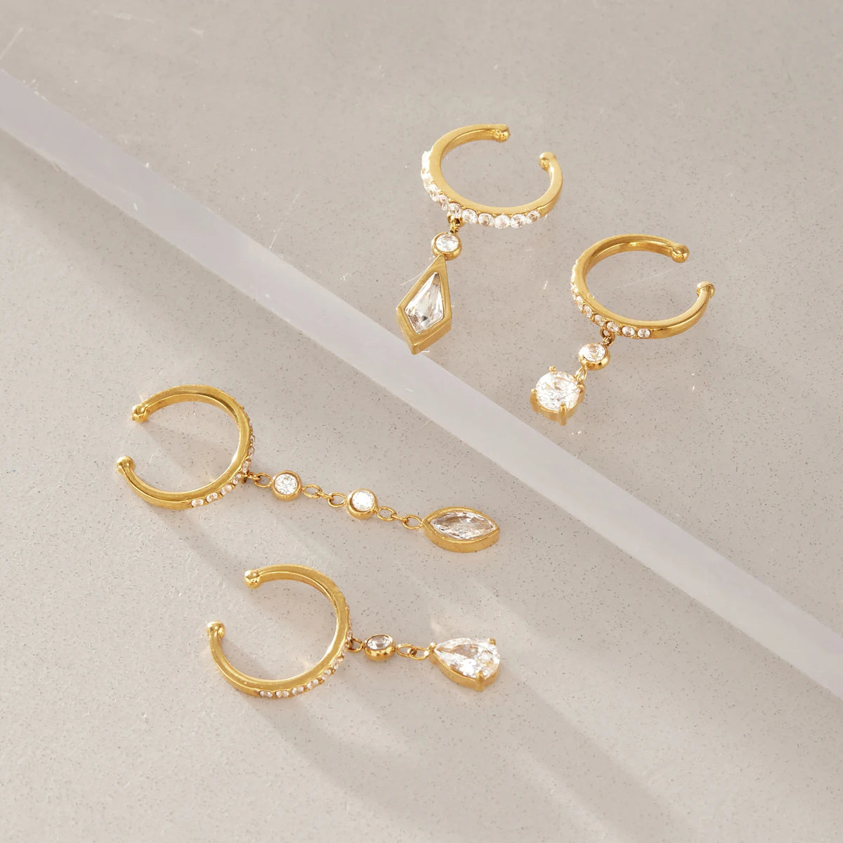 Kika Asymmetric Zircon Pendant Non-piercing Ear Clips 18K Gold PVD Plated Stainless Steel 316L